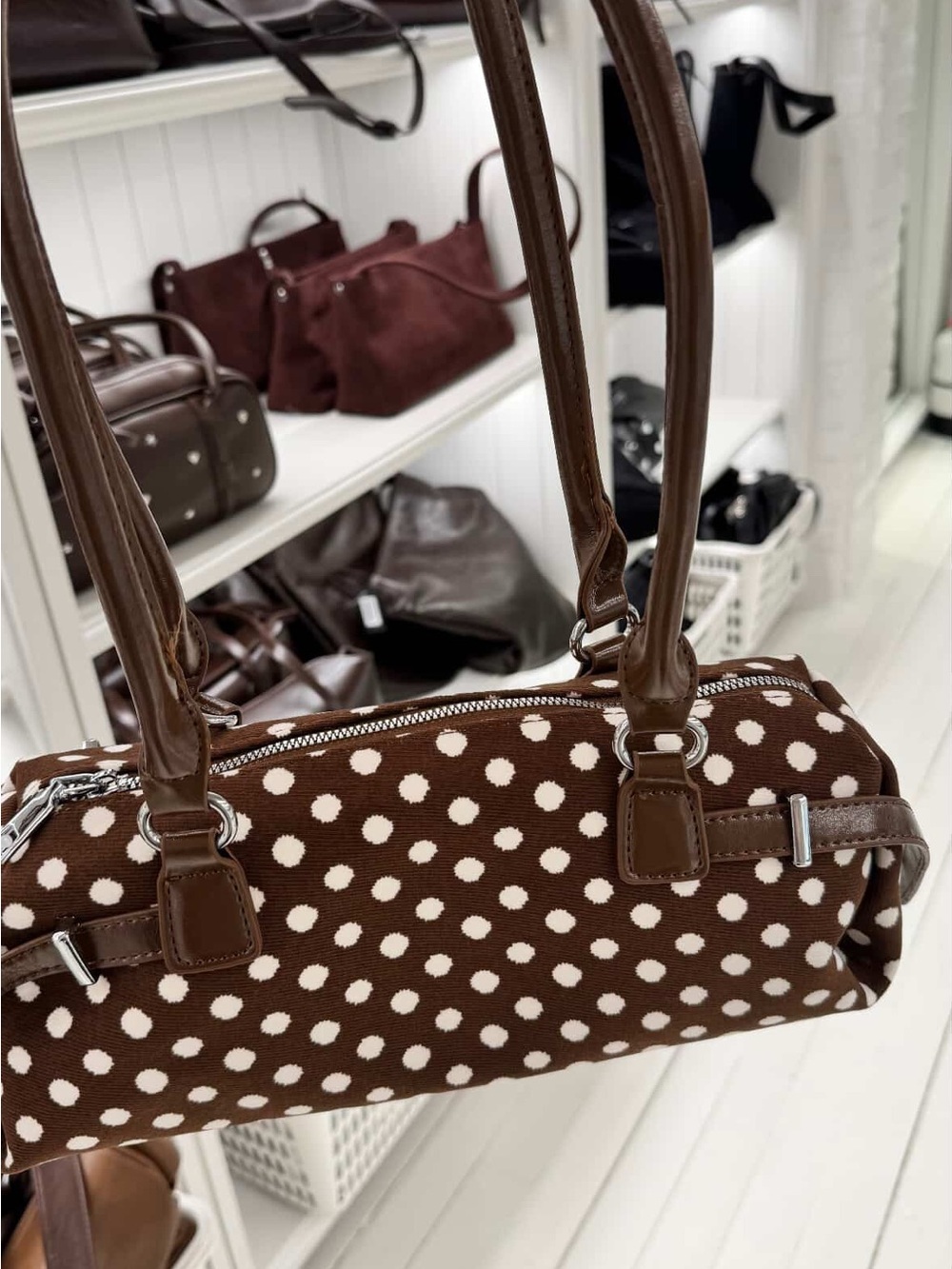 Brown Polka Dot Mini Barrel Bag with Cream Dots - Nyu Nyu (Korea)
